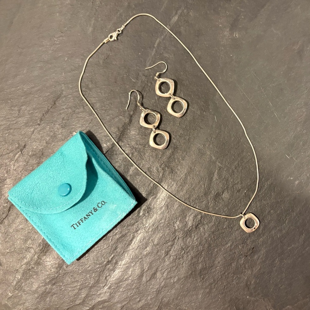 Tiffany & Co. Cushioned Square Sterling Silver Charm & Earrings-read description